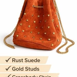 Rust suede studded crossbody bag with gold chain